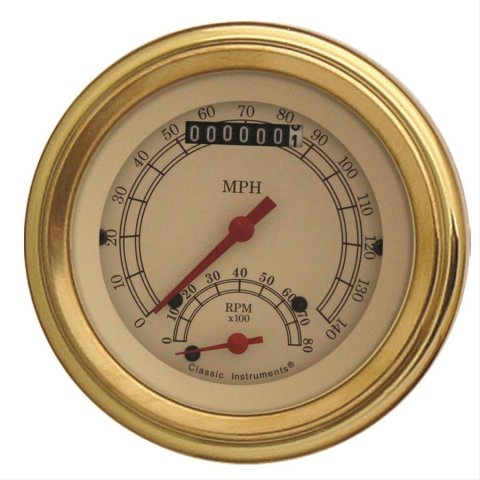 Classic Instruments Vintage Series Gauge Sets VT20GLC Gauge, Vintage, Speedometer, Tachometer, Analog, Electronic, 3 3/8 in. Diameter, Cream Face, Gold Bezel, Each
