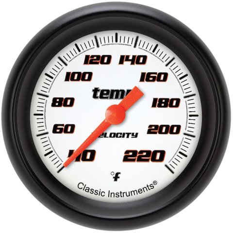 Classic Instruments Velocity Series Gauges VS329WBPF Gauges, Series, Water Temperature, 40-220 degrees F, Analog, Electrical, 2 5/8 in., White Face, Black Numbers, 1/8 in. NPT Thread, Each