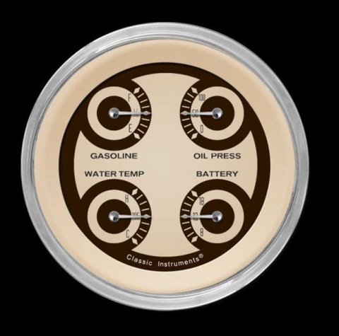 Classic Instruments Nostalgia VT Series Gauge Sets NT73SHC Gauge, VT, Quad, Water Temperature, Oil Pressure, Fuel Level, 3 3/8 in., Beige Face, Analog, Each thumbnail 1