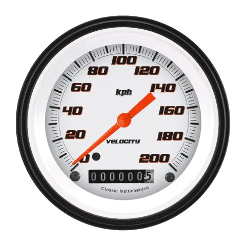 Classic Instruments Velocity Series Speedometers VS59WBLF Speedometers, Series, 0-200 kph, 3 3/8 in., White Face, Black with Orange Outline Numbers, Low Step Bezel, Flat Glass, Analog, Electric, Each
