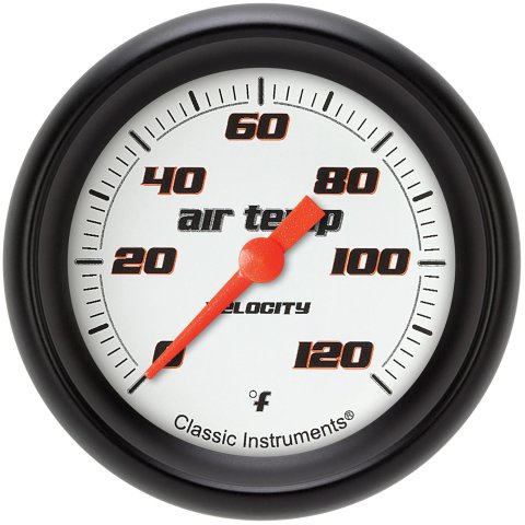 Classic Instruments Velocity Series Gauges VS399WBPF Gauges, Series, Air Temperature, 0-120 degrees F, Analog, Electrical, 2 5/8 in., White Face, Black Numbers, Matte Black Bezel, Each