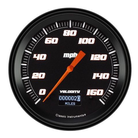 Classic Instruments Velocity Series Speedometers VS56DBBLF Gauges, Speedometers, 0-160 mph, 4 5/8 in. Diameter, Black Face, White Numbers, Black Bezel, Analog, Electrical, Each