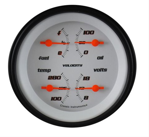 Classic Instruments Velocity Series Gauge Sets VS77WBLF Gauge, Velocity, Analog, Electrical, Fuel, Oil, Volt, Water, 3 3/8 in. Diameter, White Face, Each
