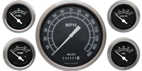 Classic Instruments Traditional Series Gauge Sets TR54SLC Gauges, Traditional, Speedometer, Water Temperature, Fuel Level, Voltmeter, Black Face, Analog, Set of 5