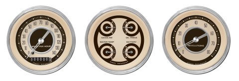 Classic Instruments Nostalgia VT Series Gauge Sets NT03SHC Gauges, VT, Speedometer, Tach, Water Temperature, Fuel Level, 3 3/8 in, Beige Face, Analog, Set of 3
