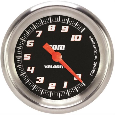 Classic Instruments Velocity Series Tachometers VS383BAPF Gauges, Tachometers, 0-10,000 rpm, Analog, Electrical, 2 5/8 in. Diameter, Black Face, White with Orange Outline Numbers, Each