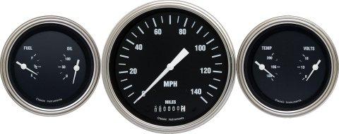 Classic Instruments Hot Rod Series Gauge Sets HR64SLF Gauges, Series, Speedometer, Water Temperature, Oil Pressure, Fuel Level, Black Face, Analog, Set of 3
