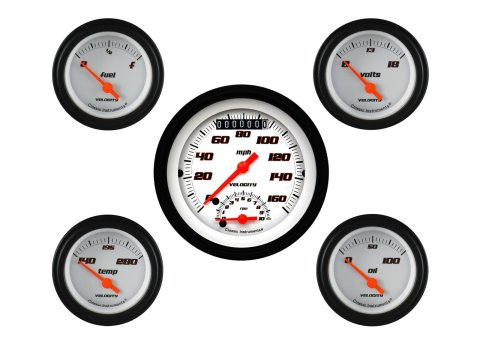 Classic Instruments Velocity Series Gauge Sets VS35WBLF Gauges, Series, Speedometer, Tach, Water Temperature, Fuel Level, White Face, Analog, Set of 5