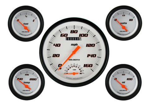 Classic Instruments Velocity Series Gauge Sets VS65WBLF Gauge, Velocity, Analog, Electrical, Speedometer, Tach., Fuel, Oil, Volt, Water, 5 in./2.125 in., White Face