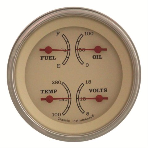 Classic Instruments Vintage Series Gauge Sets VT79SLF Gauge, Series, Quad, Water Temperature, Oil Pressure, Fuel Level, 3 3/8 in., Cream Face, Analog, Each