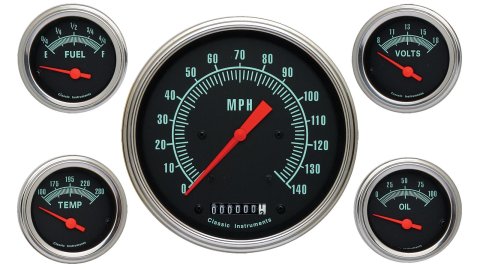 Classic Instruments G-Stock Series Gauge Sets GS54SLC Gauges, G-Stock, Speedometer, Water Temp., Oil Pressure, Fuel Level, Voltmeter, Black Face, Analog, Set of 5