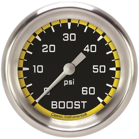 Classic Instruments Auto Cross Yellow Series Gauges AX343YAPF Gauge, Series, Boost, 60 psi, 2 5/8 in., Performance Bezel, Analog, Electrical, Each