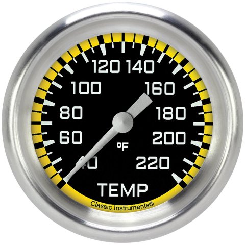 Classic Instruments Auto Cross Yellow Series Gauges AX329YAPF Gauges, Series, Water Temperature, 40-220 degrees F, Analog, Electrical, 2 5/8 in., Black Face, White Numbers, Each