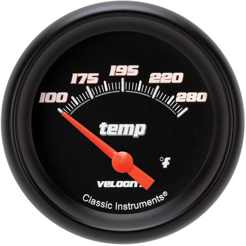 Classic Instruments Velocity Series Gauges VS226BBPF-08 Gauges, Series, Water Temperature, 140-280 degrees F, Analog, Electrical, 2 5/8 in., Black Face, White Numbers, 1/2 in. NPT Thread, Each