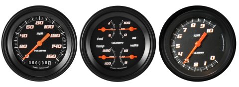 Classic Instruments Velocity Series Gauge Sets VS03BBLF Gauges, Velocity, Speedometer, Tach, Water Temperature, Fuel Level, 3 3/8 in., Black Face, Analog, Set of 3