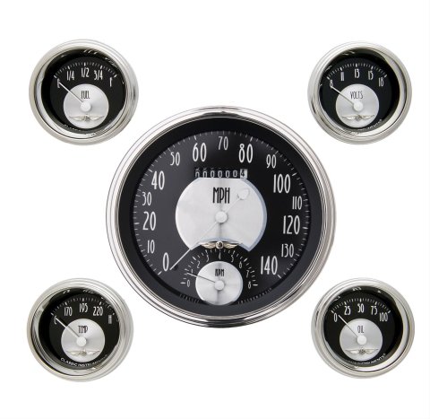 Classic Instruments All-American Tradition Series Gauge Sets AT65SLC Gauges, Tradition, Speedometer, Tach, Water Temperature, Fuel Level, Black Face, Analog, Set of 5