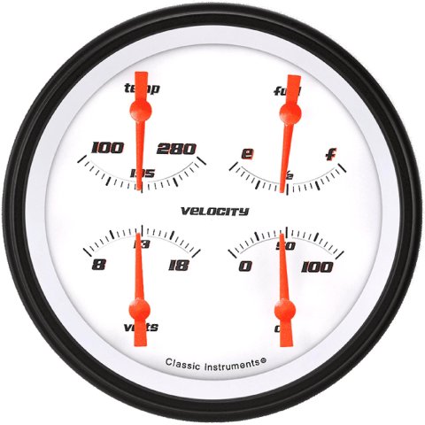 Classic Instruments Velocity Series Gauge Sets VS78WBLF Gauge, Velocity, Analog, Electrical, Fuel, Oil, Volt, Water, 5 in. Diameter, White Face, Each