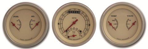 Classic Instruments Vintage Series Gauge Sets VT34SLF Gauge, Vintage, Analog, Electronic, Speedo, Tach, Oil, Water, Volt, Fuel, 3 3/8 in, Cream Face, Polished Bezel