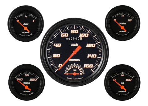 Classic Instruments Velocity Series Gauge Sets VS65BBLF Gauge, Velocity, Analog, Electrical, Speedometer, Tach., Fuel, Oil, Volt, Water, 5 in./2.125 in., Black Face