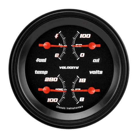 Classic Instruments Velocity Series Gauge Sets VS79BBLF Gauge, Velocity, Analog, Electrical, Fuel, Oil, Volt, Water, 3 3/8 in. Diameter, Black Face, Each