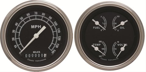 Classic Instruments Traditional Series Gauge Sets TR02SLC Gauges, Series, Speedometer, Water Temperature, Fuel Level, 3 3/8 in., Black Face, Analog, Set