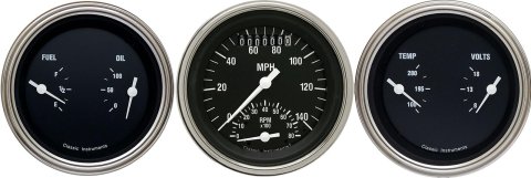 Classic Instruments Hot Rod Series Gauge Sets HR34SLC Gauges, Rod, Speedometer, Tach, Water Temperature, Fuel Level, 3 3/8 in., Black Face, Analog, Set of 3