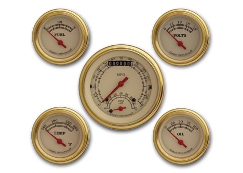 Classic Instruments Vintage Series Gauge Sets VT35GLF Gauge, Vintage, Analog, Electronic, Speedo, Tach, Oil, Water, Volt, Fuel, 3 3/8 in/2 1/8, Cream Face/Gold