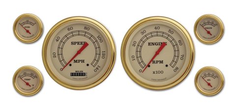 Classic Instruments Vintage Series Gauge Sets VT51GLC Gauge, Vintage, Analog, Electronic, Speedo, Tach, Fuel, Oil, Volt, Water, 5/2 1/8 in., Cream Face, Gold Bezel