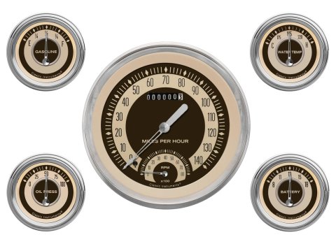 Classic Instruments Nostalgia VT Series Gauge Sets NT65SLC Gauges, VT, Speedometer, Tach, Water Temperature, Voltmeter, Beige Face, Analog, Set of 5