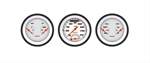 Classic Instruments Velocity Series Gauge Sets VS34WBLF Kits, Velocity, Analog, Speed, Tach, Fuel Level, Oil Press., Volts, Water Temp., 3 3/8 in., White Face, Black with Orange Outline Numbers, Kit