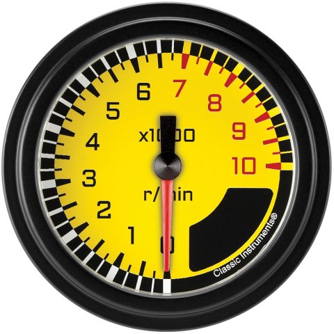 Classic Instruments Auto Cross Gray Series Tachometers AX383YBLF Gauges, Tachometers, 0-10,000 rpm, Analog, Electrical, 2 5/8 in., Black/Yellow Face, Black/Red Numbers, Black Bezel, Each