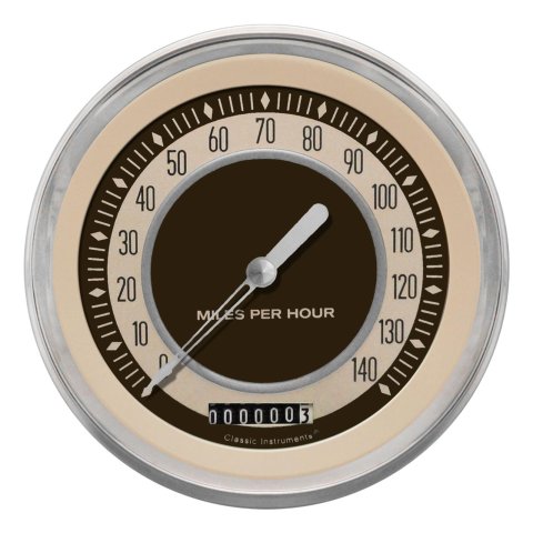 Classic Instruments Nostalgia VT Series Speedometers NT56SLF Gauge, Series, Speedometer, 0-140 mph, 4 5/8 in., Beige Face, Stainless Low Step Bezel, Flat Lens, Each