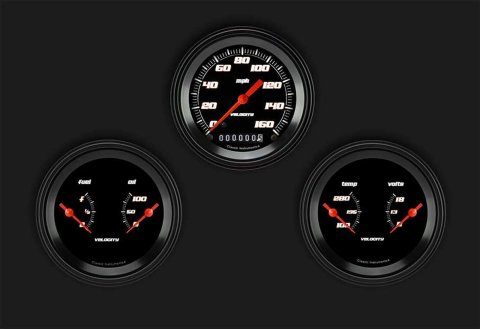 Classic Instruments Velocity Black Series Gauge Sets VS04BBLF Gauges, Series, 3 3/8 in., Speedometer, Water Temp, Oil Pressure, Voltmeter, Fuel Level, Low-Step Bezel, Flat Lens, Kit