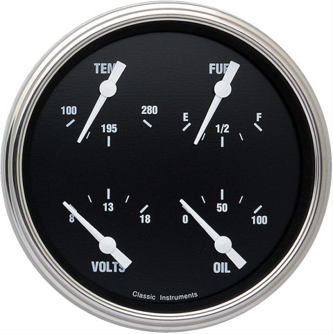 Classic Instruments Hot Rod Series Gauge Sets HR75SLF Gauge, Rod, Quad, Water Temperature, Oil Pressure, Fuel Level, Voltmeter, 5 in., Black Face, Analog, Each