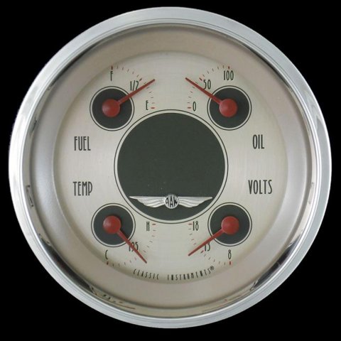 Classic Instruments All-American Nickel Series Gauge Sets AN73SHC Kit, Analog, Face, Polished, 3 3/8 in. Diameter, Quad Gauge, Fuel, Oil, Volt, Water, Cluster, Kit