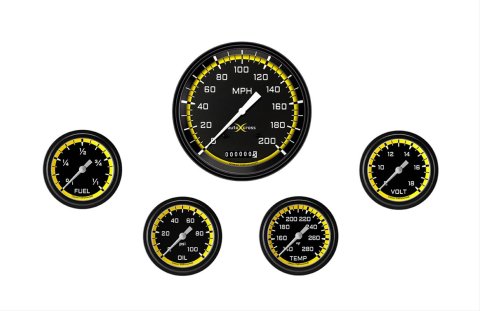 Classic Instruments Auto Cross Yellow Series Gauge Sets AX354YBLF Set, Performance AutoCross, AutoCross Yellow, 5-Gauge Set, 4 5/8 in. Speedo, 2 5/8 in. Secondary Gauges, Black/Yellow Face, Set