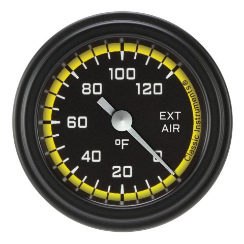Classic Instruments Auto Cross Yellow Series Gauges AX199YBLF Gauges, Series, Air Temperature, 0-120 degrees F, Analog, Electrical, 2 1/8 in., Black Face, White Numbers, Matte Black Bezel, Each