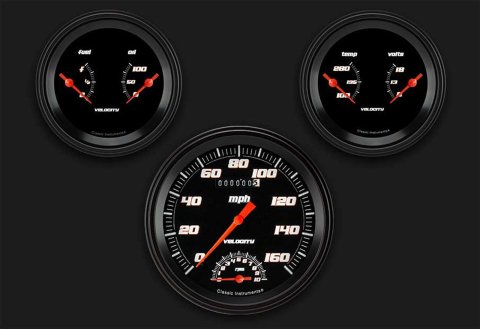 Classic Instruments Velocity Black Series Gauge Sets VS61BBLF Gauge, Black, 4 5/8 in., Speedometer, Tach, Oil Pressure, Water Temp, Voltmeter, Fuel Level, Low-Step Bezel, Flat Lens, Kit