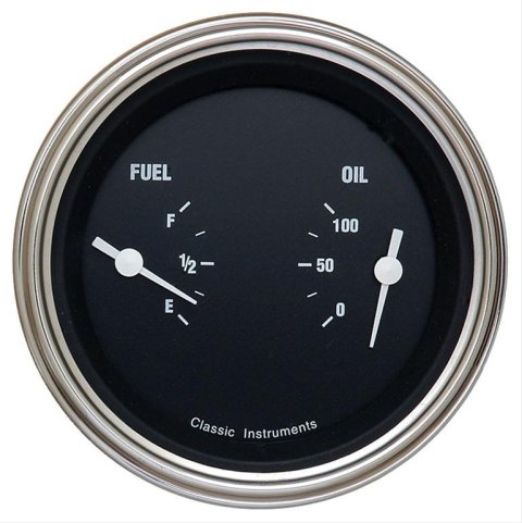 Classic Instruments Hot Rod Series Gauge Sets HR72SLF Gauge, Series, Dual, Oil Pressure, Fuel Level, 3 3/8 in., Black Face, Analog, Each