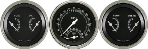 Classic Instruments Traditional Series Gauges TR34SLC Gauges, Traditional, Speedometer, Tach, Water Temperature, Fuel Level, 3 3/8 in., Black Face, Analog, Set of 3