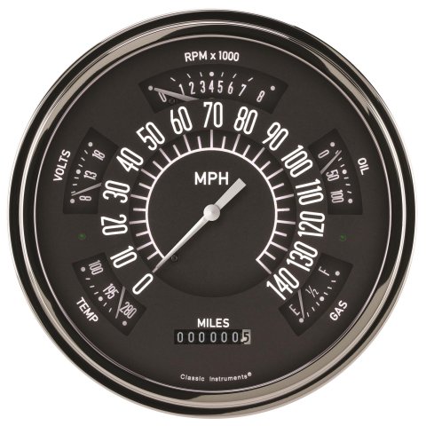 Classic Instruments 49-50 Shoebox Packages FC49B Gauge Kits, Packages, Analog, Speedometer, Tach, Fuel Level, Oil Pressure, Volts, Water Temp., Black Face, White Numbers, Ford, Kit