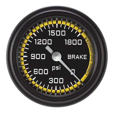 Classic Instruments Auto Cross Yellow Series Gauges AX167YBLF Gauges, Series, Brake Pressure, 0-1,800 psi, Analog, Electrical, 2 1/8 in., Black Face, White Numbers, Matte Black Bezel, Each