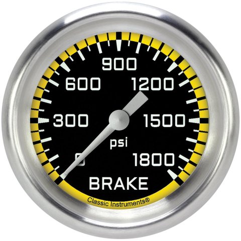 Classic Instruments Auto Cross Yellow Series Gauges AX367YAPF Gauges, Series, Brake Pressure, 0-1,800 psi, Analog, Electrical, 2 5/8 in., Black Face, White Numbers, 1/8 in. NPT Thread, Each