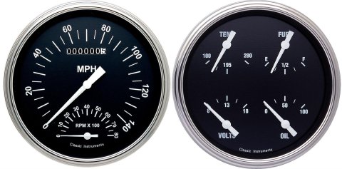 Classic Instruments Hot Rod Series Gauge Sets HR62SLF Gauges, Series, Speedometer, Tach, Water Temperature, Voltmeter, Fuel Level, Black Face, Analog, Pair