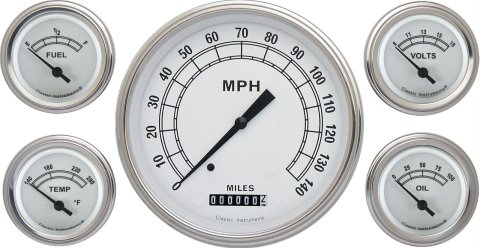 Classic Instruments White Series Gauge Sets CW54SLF Gauges, White, Speedometer, Water Temperature, Oil Pressure, Fuel Level, Face, Analog, Set of 5