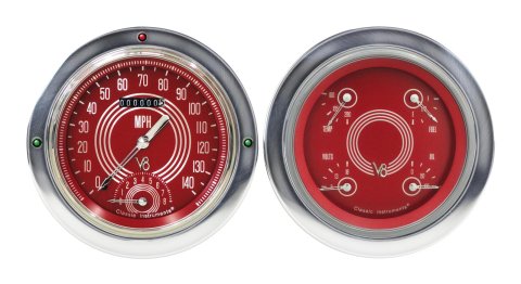Classic Instruments 1954-55 Chevy Pickup Package Gauge Sets CT54V8RS62 Gauges, V8 Red Steelie, Speedometer, Tach, Water Temperature, Fuel Level, Red Face, Analog, Chevy, Kit