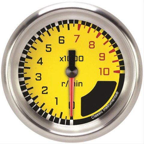 Classic Instruments Auto Cross Gray Series Tachometers AX383YAPF Gauges, Tachometers, 0-10,000 rpm, Analog, Electrical, 2 5/8 in., Black/Yellow Face, Black/Red Numbers, Black Bezel, Each