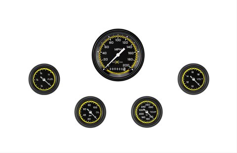 Classic Instruments Auto Cross Yellow Series Gauge Sets AX100YBLF Set, Performance AutoCross, AutoCross Yellow, 5-Gauge Set, 3 3/8 in. Speedo, 2 1/8 in. Secondary Gauges, Black/Yellow Face, Set