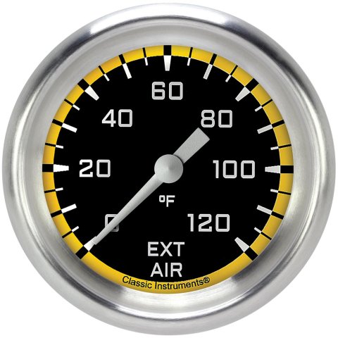 Classic Instruments Auto Cross Yellow Series Gauges AX399YAPF Gauges, Series, Air Temperature, 0-120 degrees F, Analog, Electrical, 2 5/8 in., Black Face, White Numbers, 1/8 in. NPT Thread, Each
