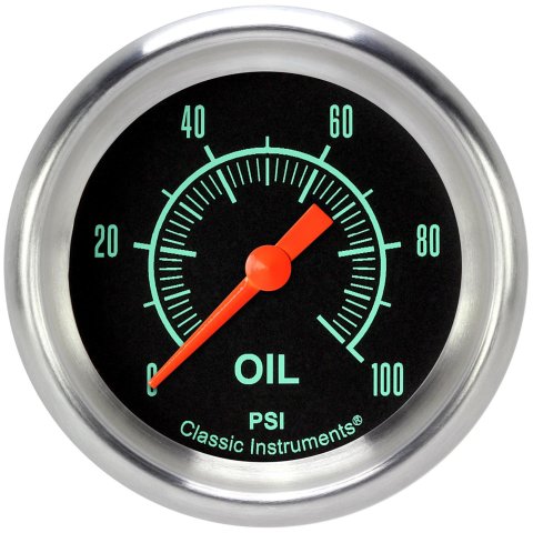 Classic Instruments G-Stock Series Gauges GS381APF Gauges, Series, Oil Pressure, 0-100 psi, Analog, Electrical, 2 5/8 in., Black Face, Green Numbers, 1/8 in. NPT Thread, Each